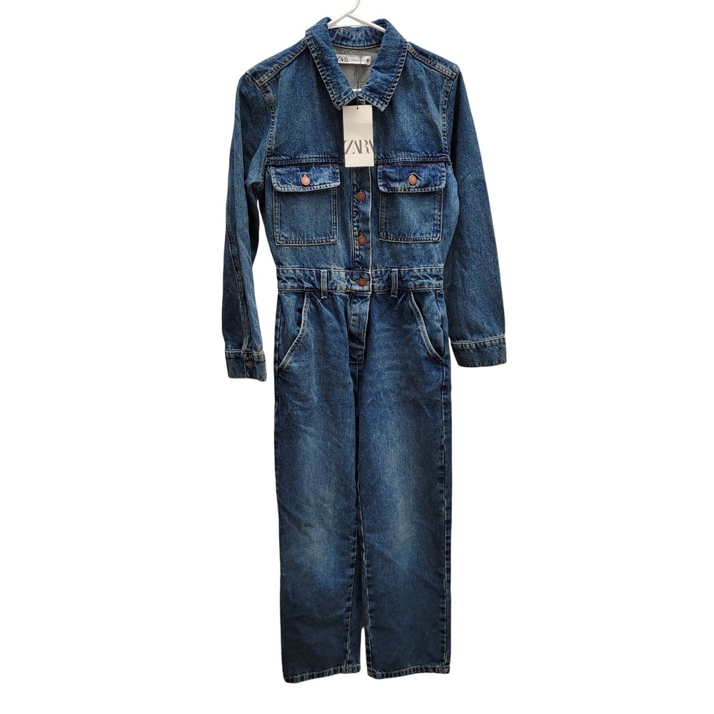 Zara Denim Jumpsuit Women Small Blue Long Sleeve Button Front Cotton Utility NWT - Picture 1 of 9